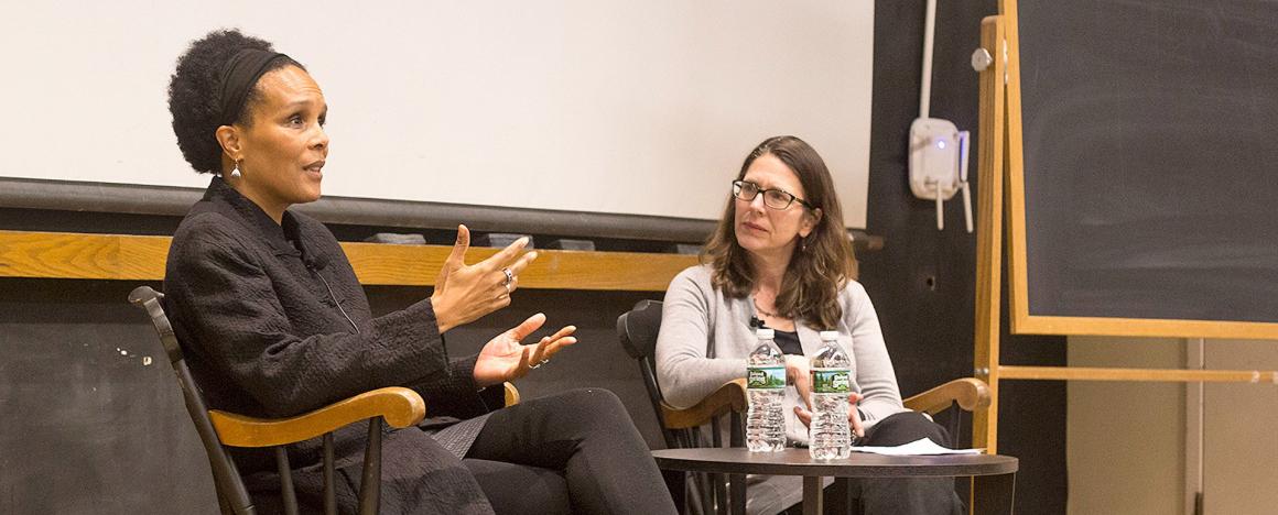 Filmmaker Tracy Heather Strain (left), 2018 Voices from the Edge speaker, with moderator Professor Jennifer Burton