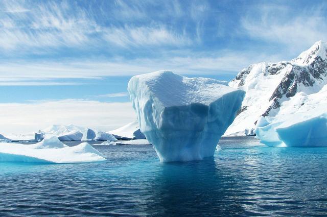Icebergs and surrounding ocean in Antarctica.