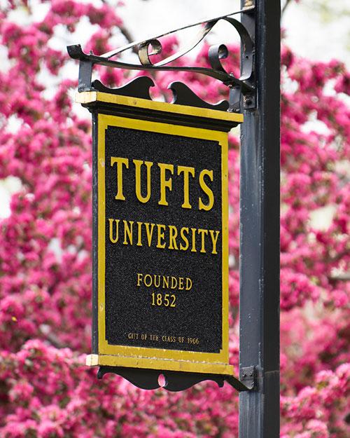 Tufts University sign with pink flowers in the background