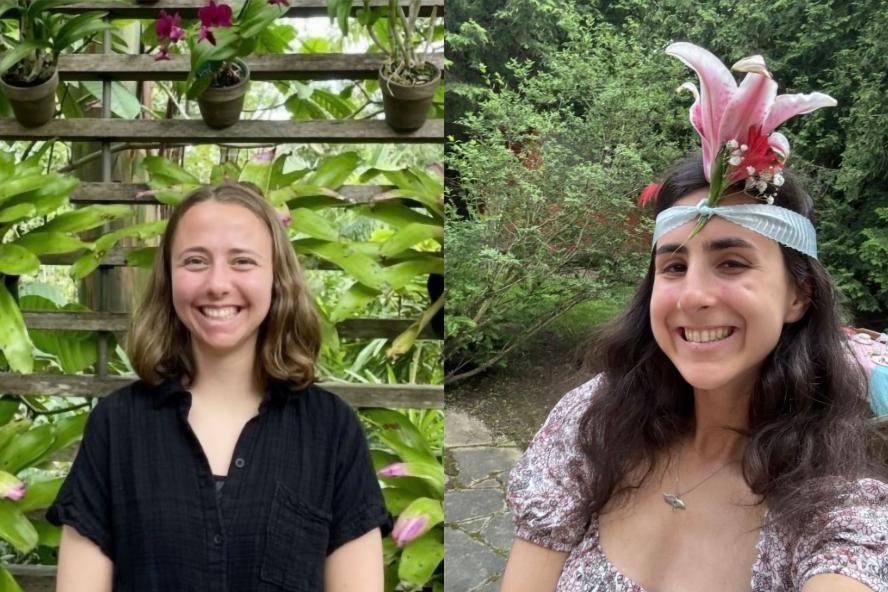 Side by side images of Hailey Swett and Rowan Chetner. Hailey, with a shoulder-length hair, smiles in front of a plant wall, wearing a black shirt. Rowan, with long dark hair, smiling outdoors, wearing a floral top, silver necklace and has a bouquet of flowers attached to her forehead with a headband.