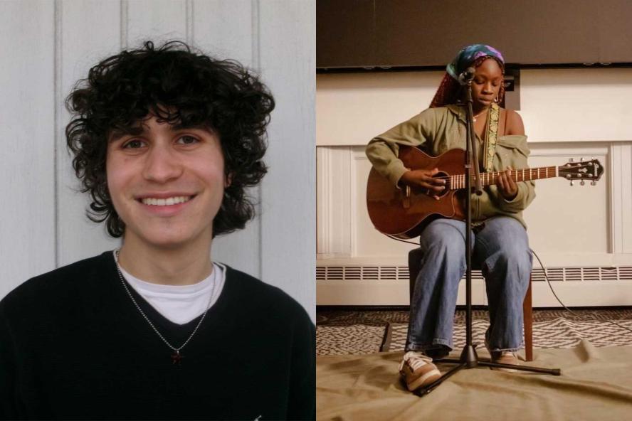 There is a person sitting in a chair playing the guitar and a person with curly black hair standing against a white wall