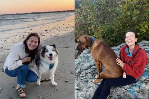 Two photos - on the left, a woman kneeling on the shore with a fluffy dog, wearing a white shirt and blue jeans; on the right a woman sitting on a large rock with a brown dog on her lap, wearing a red fleece and black jeans